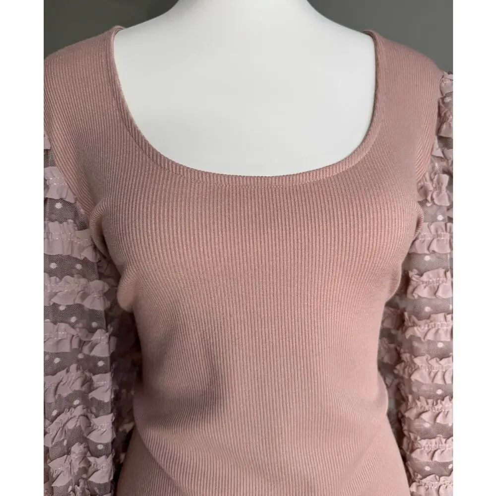 Anthropologie Dolan Left Coast Dusty Rose Ruffle Puff Sleeve Top Size XL